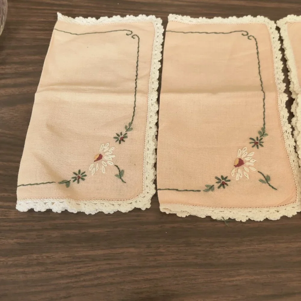 Embroidered Tea Napkins 4, Daisy, Greens & Red Stitching Handmade Vintage